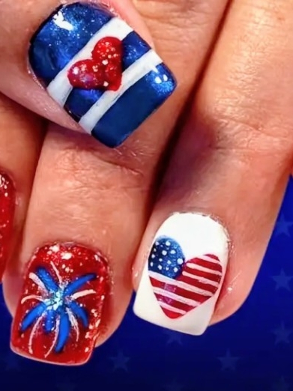 Patriotic Red White Blue Heart & Fireworks Nail Art